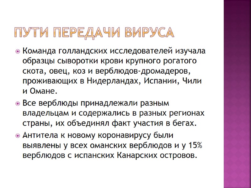 Пути передачи вируса Команда голландских исследователей изучала образцы сыворотки крови крупного рогатого скота, овец,